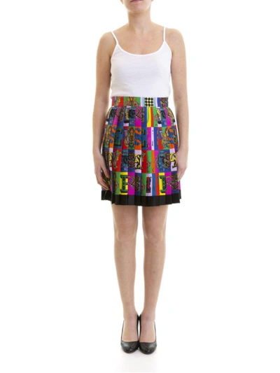 Shop Versace Alphabet Print Silk Twill Pleated Skirt In Multicolour