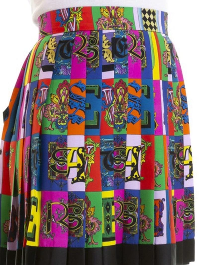 Shop Versace Alphabet Print Silk Twill Pleated Skirt In Multicolour