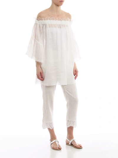 Shop Ermanno Scervino Embroidered Linen Cropped Trousers In White