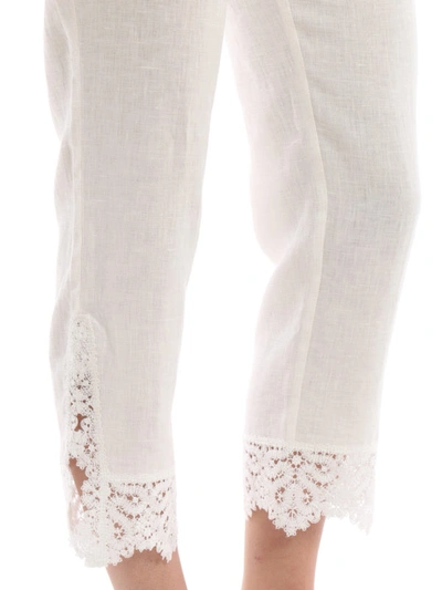 Shop Ermanno Scervino Embroidered Linen Cropped Trousers In White