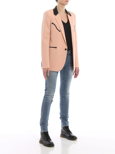 Shop Saint Laurent Leather Trimmed Pink Wool Blazer