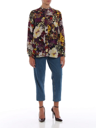 Shop Aspesi Flower Print Silk Guru Collar Shirt In Multicolour