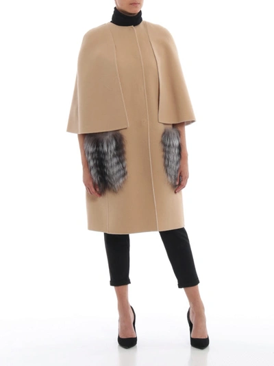 Shop Fendi Double Wool Coat With Fox Fur Pockets In Beige