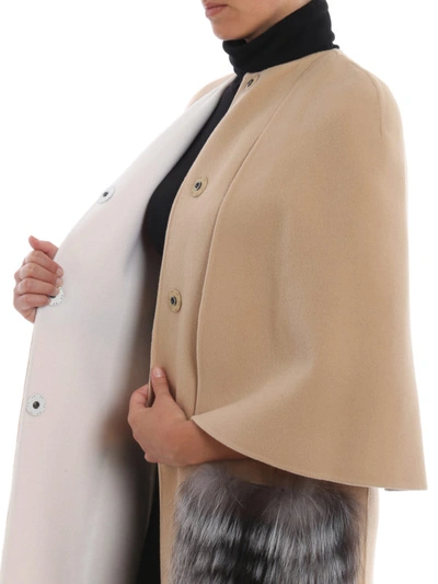 Shop Fendi Double Wool Coat With Fox Fur Pockets In Beige