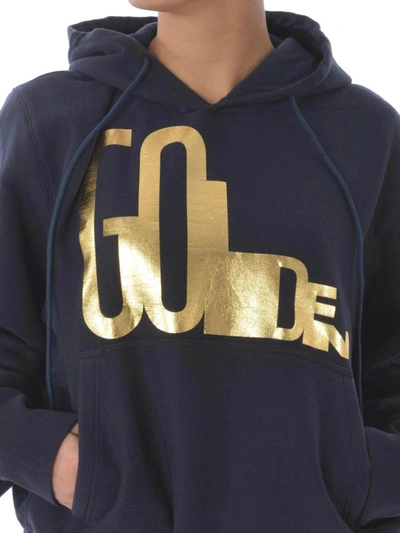 Shop Golden Goose Golden Print Navy Blue Over Fitting Hoodie In Dark Blue