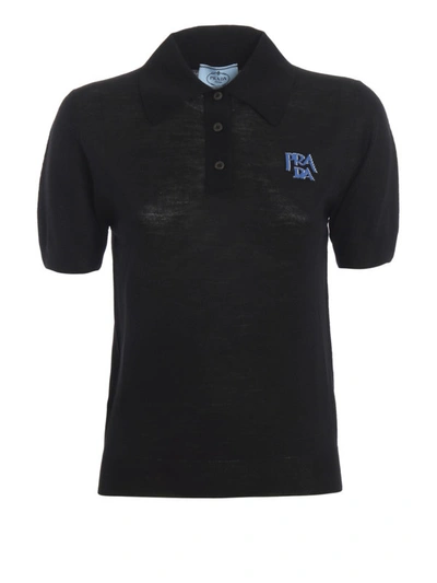 Shop Prada Logo Intarsia Knit Wool Polo Shirt In Black