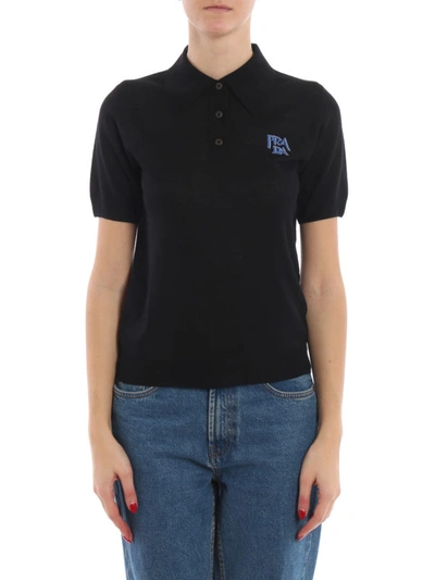 Shop Prada Logo Intarsia Knit Wool Polo Shirt In Black