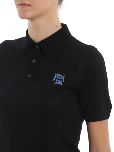 Shop Prada Logo Intarsia Knit Wool Polo Shirt In Black