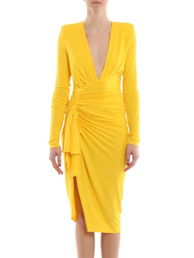 Shop Alexandre Vauthier V Neck Draped Yellow Dress