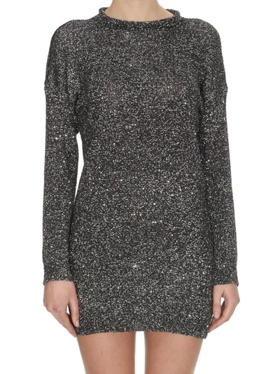 Shop Saint Laurent Sequin Embellished Sweater Style Dress In Silver