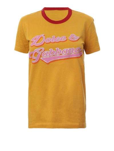 Shop Dolce & Gabbana Yellow Cotton T-shirt With Logo Print In Dark Yellow
