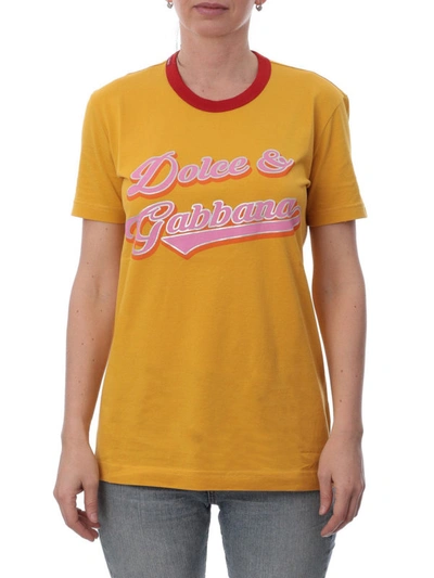 Shop Dolce & Gabbana Yellow Cotton T-shirt With Logo Print In Dark Yellow