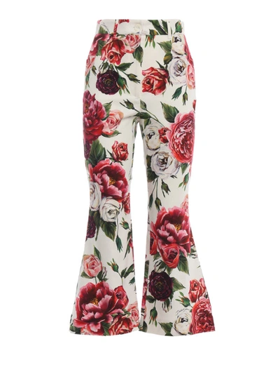 Shop Dolce & Gabbana Peony Print Drill Cotton Trousers In White
