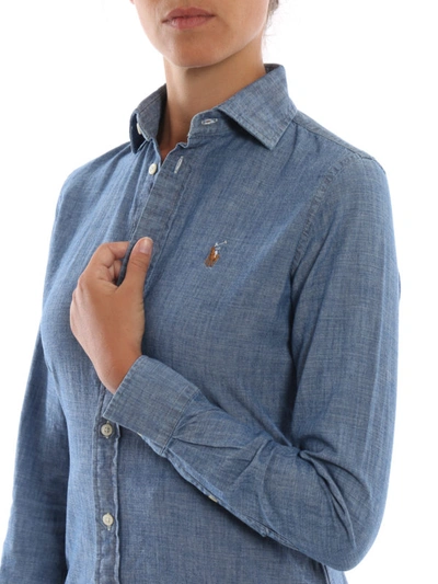 Shop Polo Ralph Lauren Denim Effect Cotton Slim Fit Shirt In Medium Wash