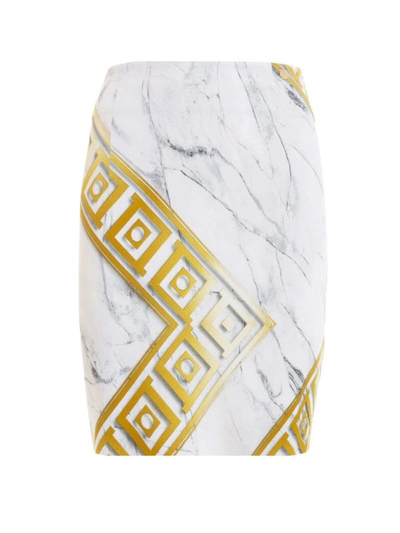 Shop Versace Greca Key Print Marble Effect Pencil Skirt In White