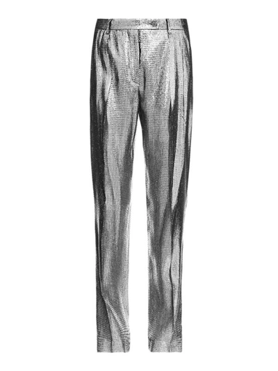 Shop Alberta Ferretti Lame Effect Silk Blend Metallic Trousers In Silver
