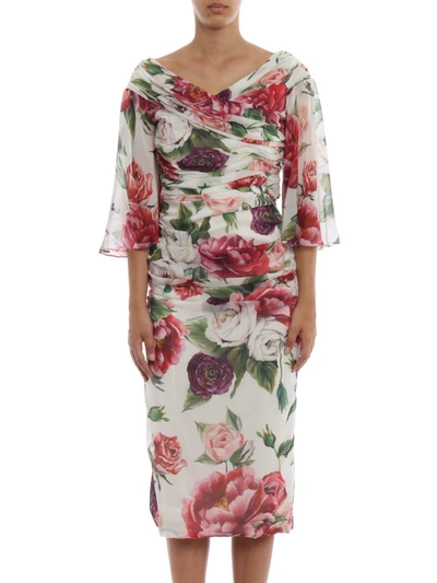 Shop Dolce & Gabbana Peony Print Silk Draped Dress In White