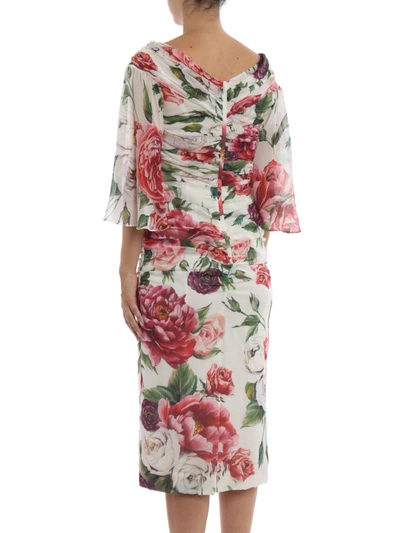 Shop Dolce & Gabbana Peony Print Silk Draped Dress In White