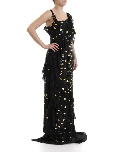 Shop Roberto Cavalli Gold-tone Scale Embellished Flounced Gown In Black