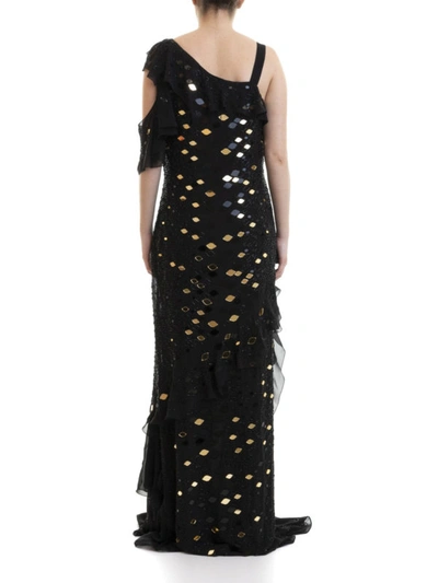 Shop Roberto Cavalli Gold-tone Scale Embellished Flounced Gown In Black