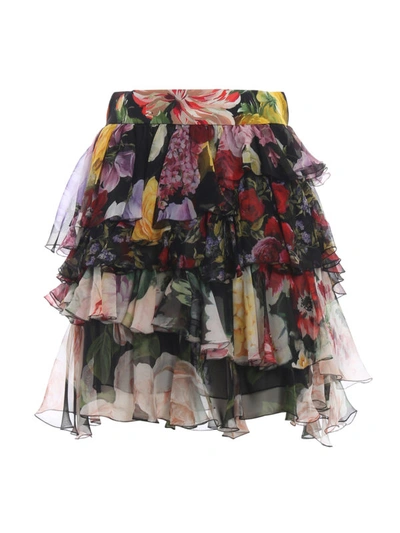Shop Dolce & Gabbana Floral Silk Flounced Mini Skirt In Multicolour