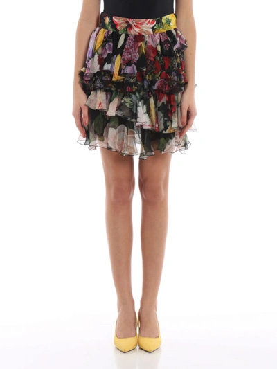 Shop Dolce & Gabbana Floral Silk Flounced Mini Skirt In Multicolour