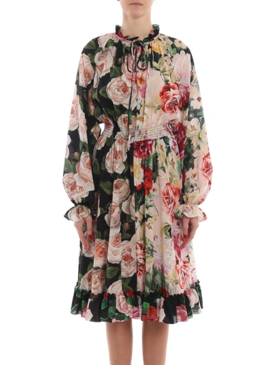 Shop Dolce & Gabbana Flower Print Silk Ruched Dress In Multicolour