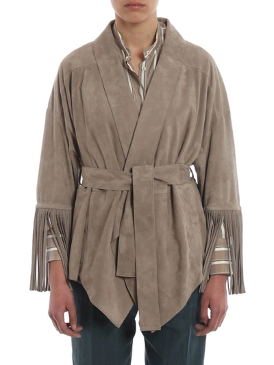 Shop Brunello Cucinelli Soft Suede Jacket With Embellished Fringes In Beige