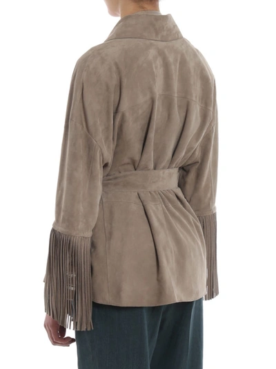 Shop Brunello Cucinelli Soft Suede Jacket With Embellished Fringes In Beige