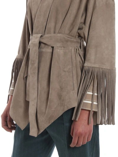 Shop Brunello Cucinelli Soft Suede Jacket With Embellished Fringes In Beige