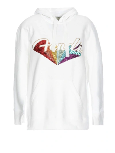 Shop Fendi Rainbow Embroidery White Hoodie