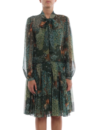 Shop Alberta Ferretti Fairy Wood Print Silk Chiffon Shirt Dress In Green