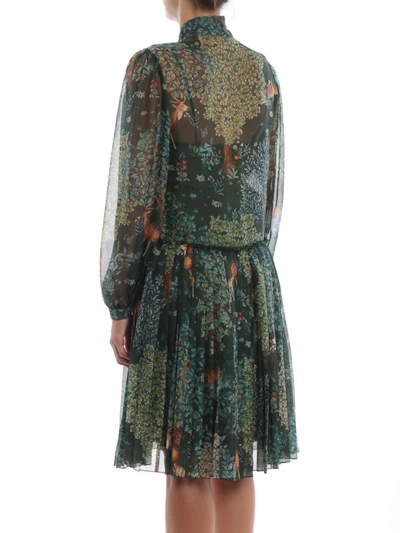 Shop Alberta Ferretti Fairy Wood Print Silk Chiffon Shirt Dress In Green