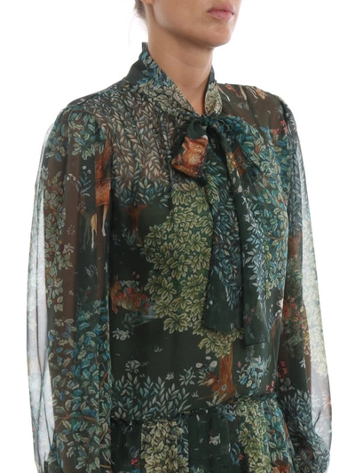 Shop Alberta Ferretti Fairy Wood Print Silk Chiffon Shirt Dress In Green