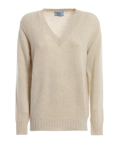 Shop Prada Melange Cashmere V-neck Sweater In Beige