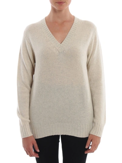 Shop Prada Melange Cashmere V-neck Sweater In Beige