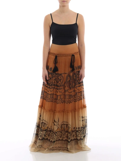 Shop Alberta Ferretti Ethnic Tassels Detail Silk Long Skirt In Brown