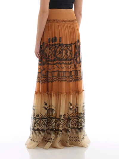 Shop Alberta Ferretti Ethnic Tassels Detail Silk Long Skirt In Brown