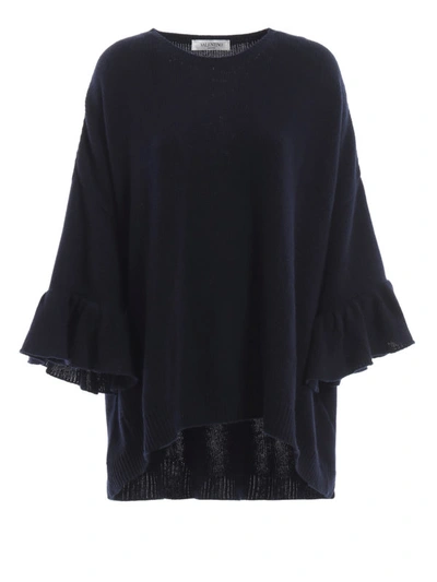 Shop Valentino Frill Sleeve Navy Cashmere Sweater In Dark Blue