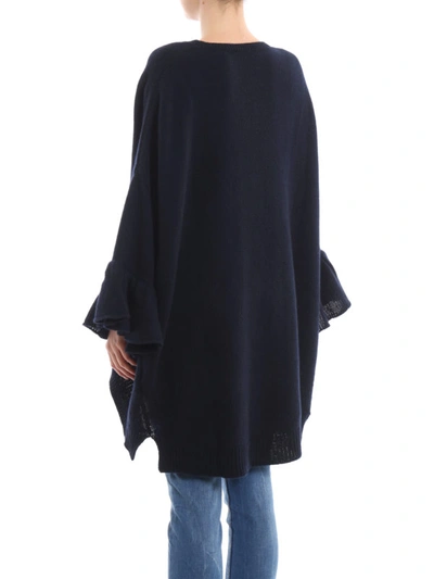 Shop Valentino Frill Sleeve Navy Cashmere Sweater In Dark Blue