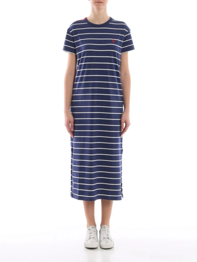 Shop Polo Ralph Lauren Striped Cotton Jersey Maxi Tee-dress In Blue