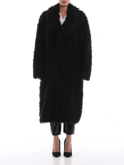 Shop Saint Laurent Fur Effect Double-breasted Black Long Coat