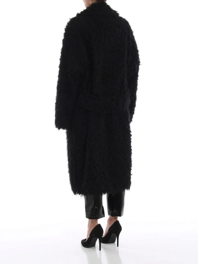 Shop Saint Laurent Fur Effect Double-breasted Black Long Coat