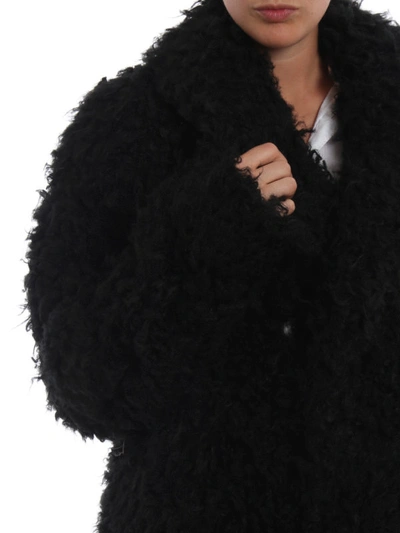 Shop Saint Laurent Fur Effect Double-breasted Black Long Coat