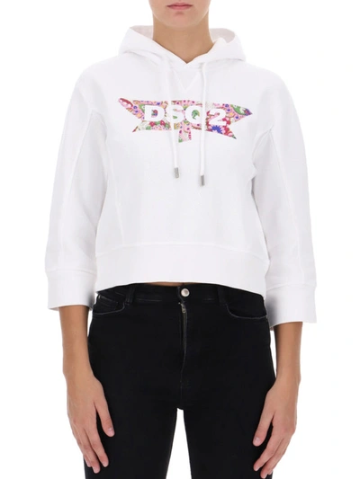 Shop Dsquared2 Cropped Logo Print Hoodie In White