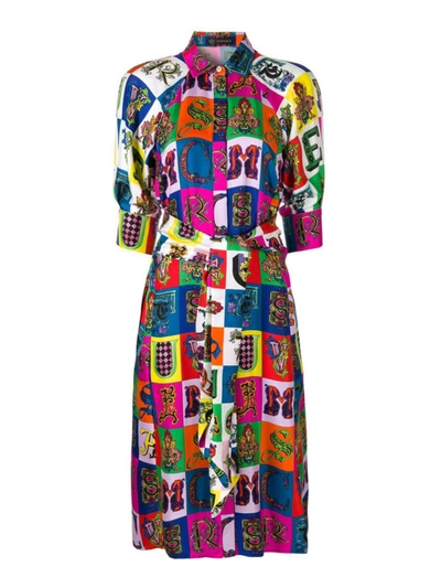 Shop Versace Alphabet Print Silk Twill Shirt Dress In Multicolour