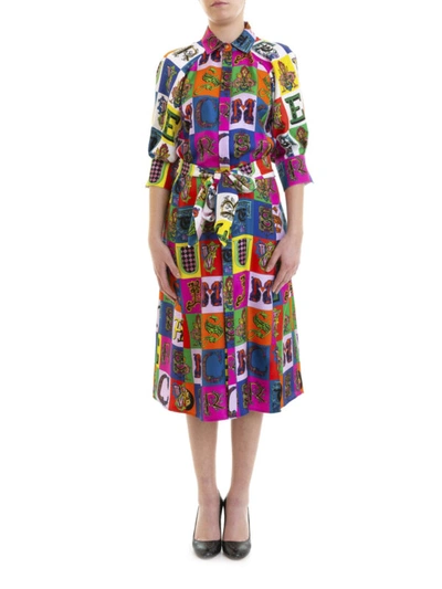 Shop Versace Alphabet Print Silk Twill Shirt Dress In Multicolour