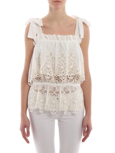 Shop Dolce & Gabbana Lace Embroidered Muslin Flounce Tank Top In White