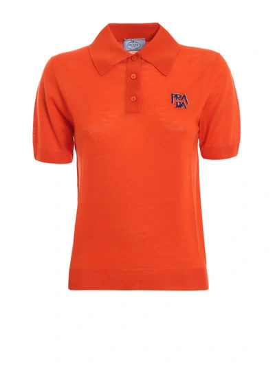 Shop Prada Logo Intarsia Orange  Knit Wool Polo Shirt