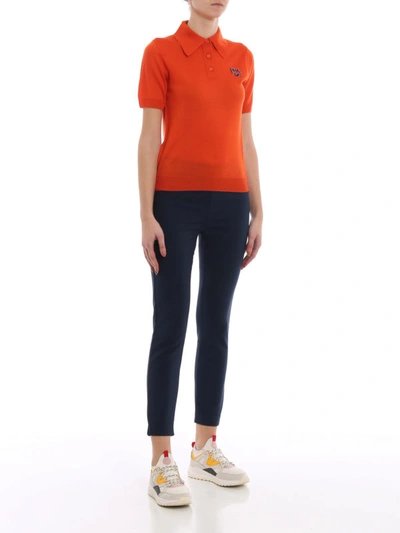 Shop Prada Logo Intarsia Orange  Knit Wool Polo Shirt